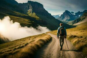 een Mens met een rugzak wandelen naar beneden een aarde weg in de bergen. ai-gegenereerd foto