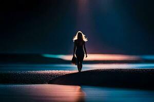 een vrouw staand Aan de strand Bij nacht. ai-gegenereerd foto