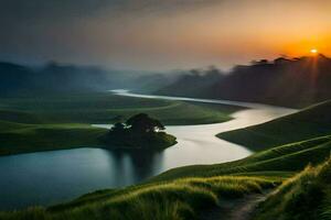 de zon stijgt over- een rivier- en met gras begroeid heuvels. ai-gegenereerd foto