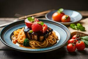 een bord van spaghetti met vlees en tomaten Aan een houten tafel. ai-gegenereerd foto
