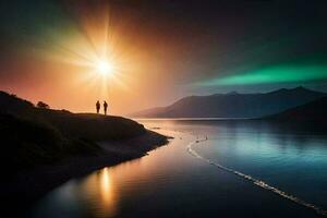 twee mensen staan Aan de kust van een meer Bij zonsondergang. ai-gegenereerd foto