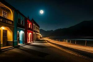 een straat bekleed met kleurrijk gebouwen Bij nacht. ai-gegenereerd foto