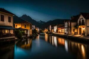 foto behang de lucht, water, bergen, huizen, de nacht, de stad, de rivier. ai-gegenereerd