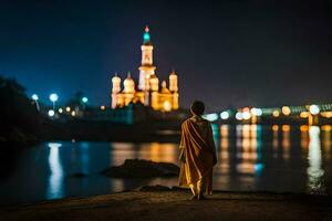 een monnik staat Aan de kust van een meer Bij nacht. ai-gegenereerd foto