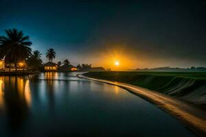 de maan stijgt over- een rivier- Bij nacht. ai-gegenereerd foto