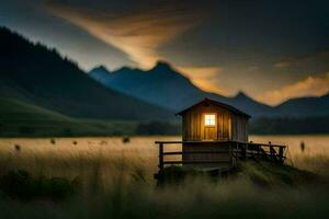 een klein hut in de midden- van een veld- met bergen in de achtergrond. ai-gegenereerd foto