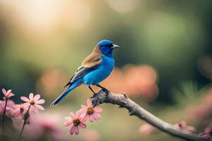 een blauw vogel is neergestreken Aan een Afdeling met roze bloemen. ai-gegenereerd foto