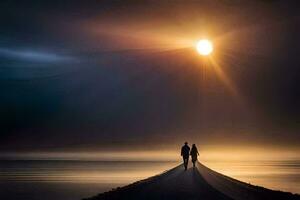 twee mensen wandelen langs een strand Bij zonsondergang. ai-gegenereerd foto