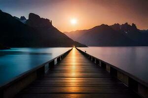 een lang houten pier strekt zich uit in de water Bij zonsondergang. ai-gegenereerd foto