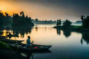 twee mensen in een boot Aan een rivier- Bij zonsopkomst. ai-gegenereerd foto