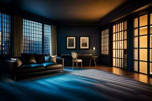 een kamer met een donker blauw muur en een groot venster. ai-gegenereerd foto