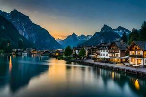de mooi stad- van Alpen Bij zonsondergang. ai-gegenereerd foto