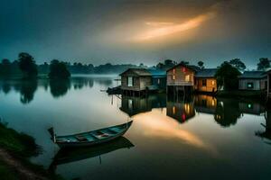 een boot zit Aan de water in voorkant van een huis. ai-gegenereerd foto