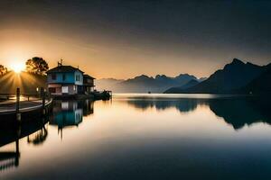 een huis Aan de water met bergen in de achtergrond. ai-gegenereerd foto