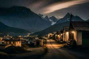 een straat in de midden- van een berg stad- Bij nacht. ai-gegenereerd foto