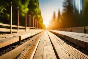 een lang houten trein bijhouden met de zon instelling achter het. ai-gegenereerd foto