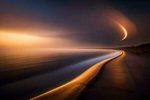 een lang blootstelling fotograaf van een lang lijn van licht Aan de strand. ai-gegenereerd foto