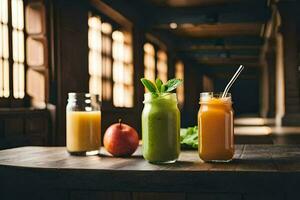 drie verschillend types van smoothies Aan een tafel. ai-gegenereerd foto