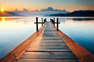 een houten pier uitrekken uit in de water Bij zonsondergang. ai-gegenereerd foto