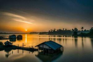 een mooi zonsopkomst over- een meer met klein houten hutten. ai-gegenereerd foto