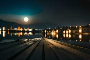 een houten dok met een maan in de lucht. ai-gegenereerd foto