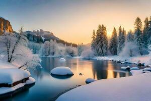 een mooi winter tafereel met sneeuw gedekt bomen en een rivier. ai-gegenereerd foto