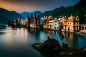 foto behang de lucht, water, bergen, meer, Indië, udaipur,. ai-gegenereerd