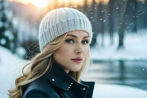 een mooi vrouw in een winter hoed. ai-gegenereerd foto