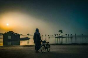 een vrouw met een fiets staat in voorkant van een meer Bij zonsopkomst. ai-gegenereerd foto