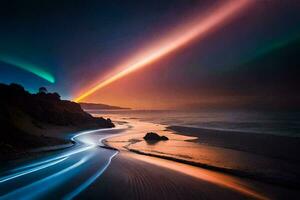 een lang blootstelling fotograaf van een regenboog licht Aan de strand. ai-gegenereerd foto