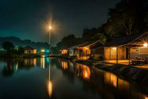 foto behang de lucht, nacht, de rivier, de maan, de dorp, de huis,. ai-gegenereerd