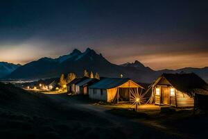 een klein dorp Bij nacht met bergen in de achtergrond. ai-gegenereerd foto