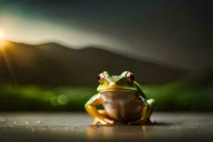 een kikker zittend Aan de grond in voorkant van een zonsondergang. ai-gegenereerd foto