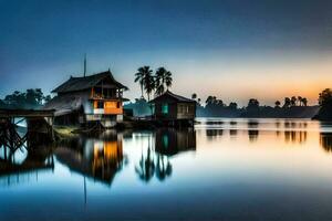 een huis Aan de water Bij zonsondergang. ai-gegenereerd foto