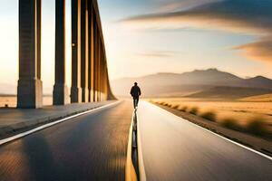 een Mens wandelen Aan de weg in de woestijn. ai-gegenereerd foto