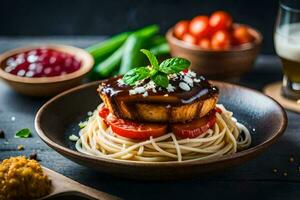 een bord van spaghetti met vlees en groenten. ai-gegenereerd foto