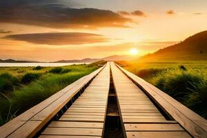 een houten loopbrug Leidt naar de zonsondergang over- een meer. ai-gegenereerd foto