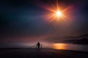 een Mens staat Aan de rand van een pier op zoek Bij de zon. ai-gegenereerd foto