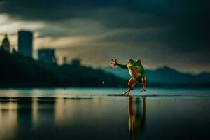 een kikker staand Aan de rand van een meer met een stad in de achtergrond. ai-gegenereerd foto