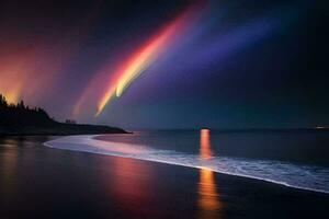 een regenboog licht schijnt over- de oceaan en strand. ai-gegenereerd foto