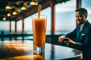 een Mens in een pak zittend Bij een tafel met een oranje sap. ai-gegenereerd foto