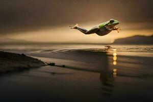 een kikker jumping in de water Bij zonsondergang. ai-gegenereerd foto