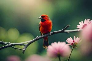 een rood vogel zit Aan een Afdeling met roze bloemen. ai-gegenereerd foto