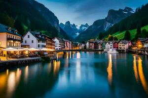 de stad- van hallstatt, Zwitserland Bij schemering. ai-gegenereerd foto