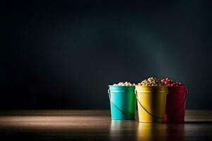 drie kleurrijk emmers met popcorn Aan een donker achtergrond. ai-gegenereerd foto