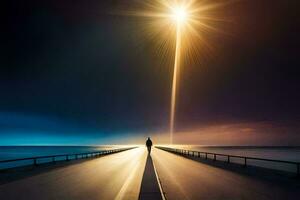 een Mens staand Aan een brug Bij nacht met een helder licht schijnend omlaag. ai-gegenereerd foto