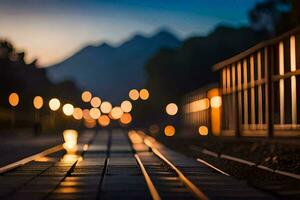 een trein bijhouden met lichten Aan het Bij nacht. ai-gegenereerd foto