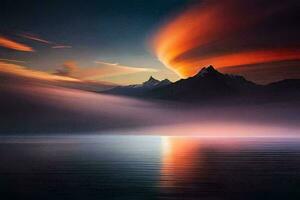 een mooi zonsondergang over- een meer met bergen in de achtergrond. ai-gegenereerd foto