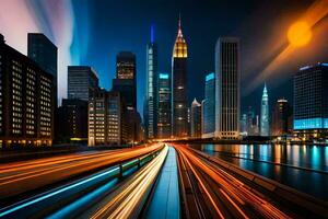 een stad Bij nacht met lichten en verkeer. ai-gegenereerd foto