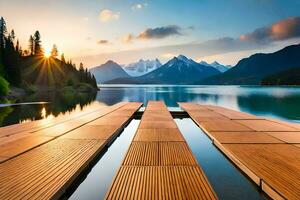 een houten dok in voorkant van een meer met bergen in de achtergrond. ai-gegenereerd foto